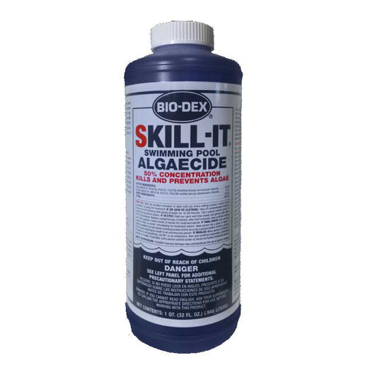 Bio-Dex Skill-It Algaecide, by BioMINUSDex, comes in a 32 oz bottle (SKU SK132) and boasts a 50% concentration for effective pool maintenance, ensuring chemical compatibility while easily killing and preventing algae.