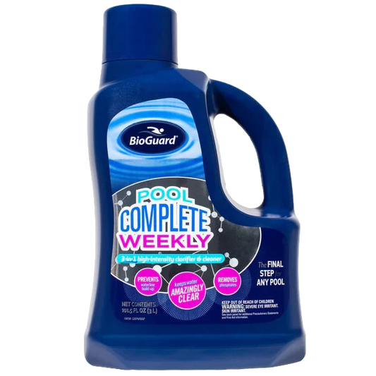 A blue bottle of BioGuard Pool Complete Weekly by BioGuard with a handle, designed to prevent issues, remove contaminants, and keep pool water clear for simple maintenance.