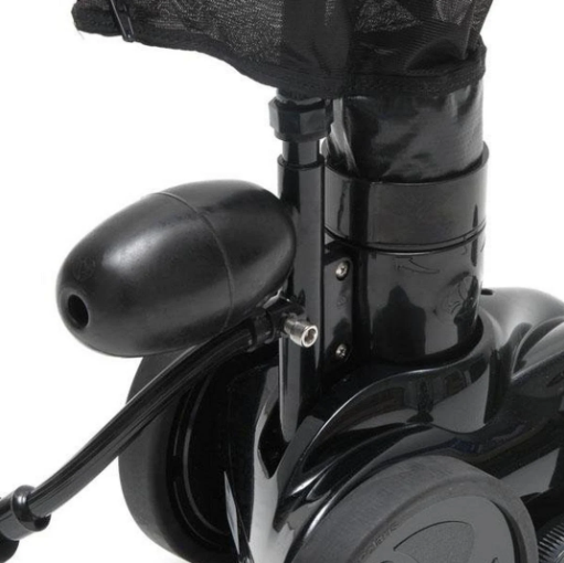 Close-up of a black inflatable tire with an attached pump mechanism, reflecting the robust design of the Polaris Vac-Sweep 280, Black Max. This equipment is part of a larger structure with metal and plastic components, designed for maintaining in-ground pools.