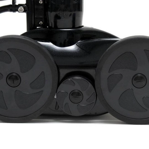 Close-up of a black Polaris Vac-Sweep 280, Black Max, Pressure Side Pool Cleaner | F5B with two large wheels on each side and a smaller central wheel, expertly designed for maintaining pristine in-ground pools.