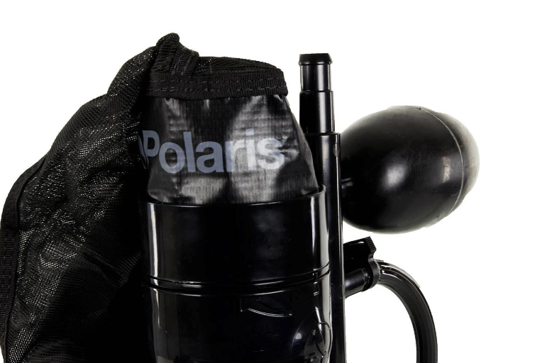 A close-up of the Polaris Vac-Sweep 280, Black Max, Pressure Side Pool Cleaner by Polaris, designed for in-ground pools, showcasing its black mesh bag and tubing.