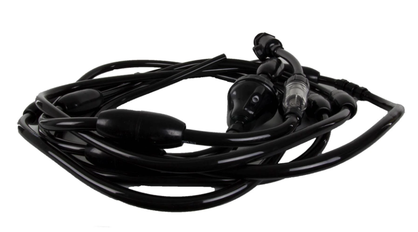 A black cable with connectors and protective covers, similar to the Polaris Vac-Sweep 280 Black Max's reliable in-ground pool cleaning, is displayed on a pristine white background.