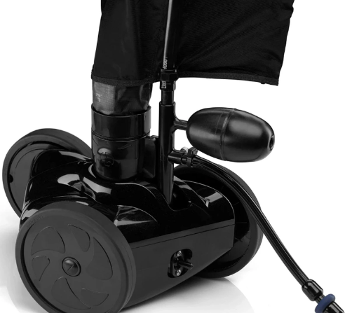 Close-up of a sleek, black wheeled device with a pump and handle, akin to the Polaris Vac-Sweep 280 Black Max pressure pool cleaner by Polaris, but versatile enough for potential use as a mobility aid or medical equipment.