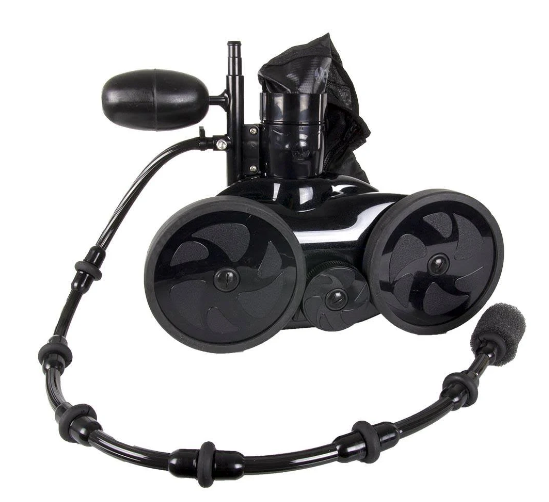 The Polaris Vac-Sweep 280, Black Max (F5B) is a pressure side pool cleaner for in-ground pools, featuring three large wheels and a black filter bag with a convenient hose attachment for optimal water flow.