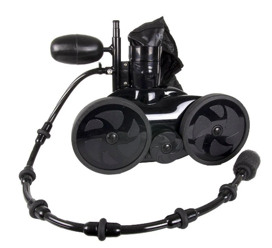 The Polaris Vac-Sweep 280, Black Max (F5B) is a pressure side pool cleaner for in-ground pools, featuring three large wheels and a black filter bag with a convenient hose attachment for optimal water flow.