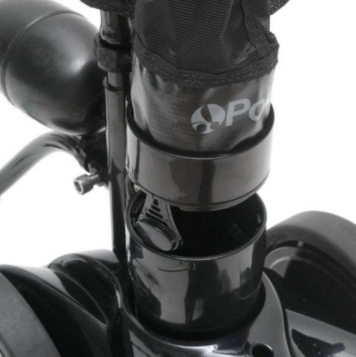 Close-up of a black Segway base with a logo on an attached bag, showcasing parts of the wheels and frame, reminiscent of the sleek Polaris Vac-Sweep 280 Black Max pressure side pool cleaner design.