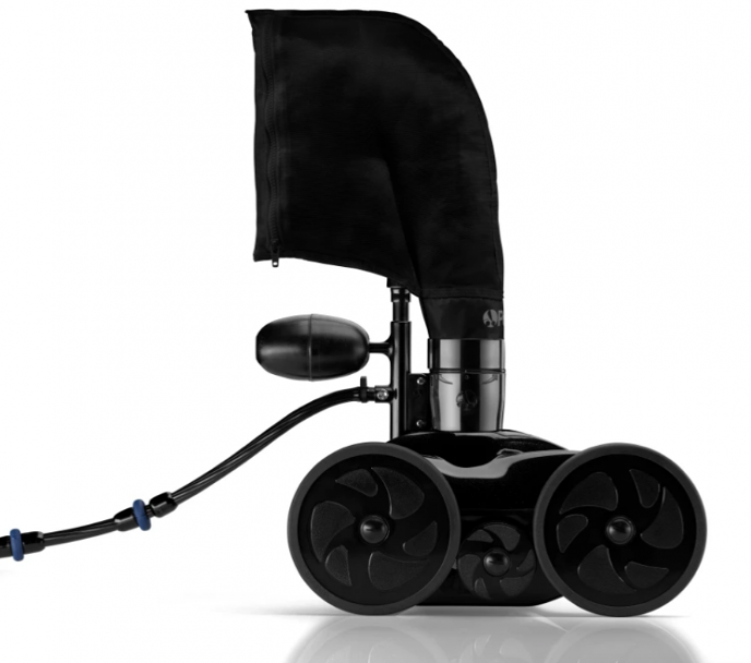 The Polaris Vac-Sweep 280, Black Max (F5B) by Polaris is a reliable pressure-side cleaner with four wheels, a connected hose, and a sleek black debris bag for maintaining pristine in-ground pools.