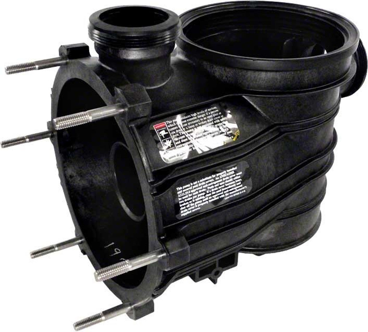 Pentair Dyna-Glas/Max Tank & Trap Body (C76-58P) features a black plastic housing with four metal threaded studs, a large circular opening, molded design elements, and warning labels. Brand: Pentair.