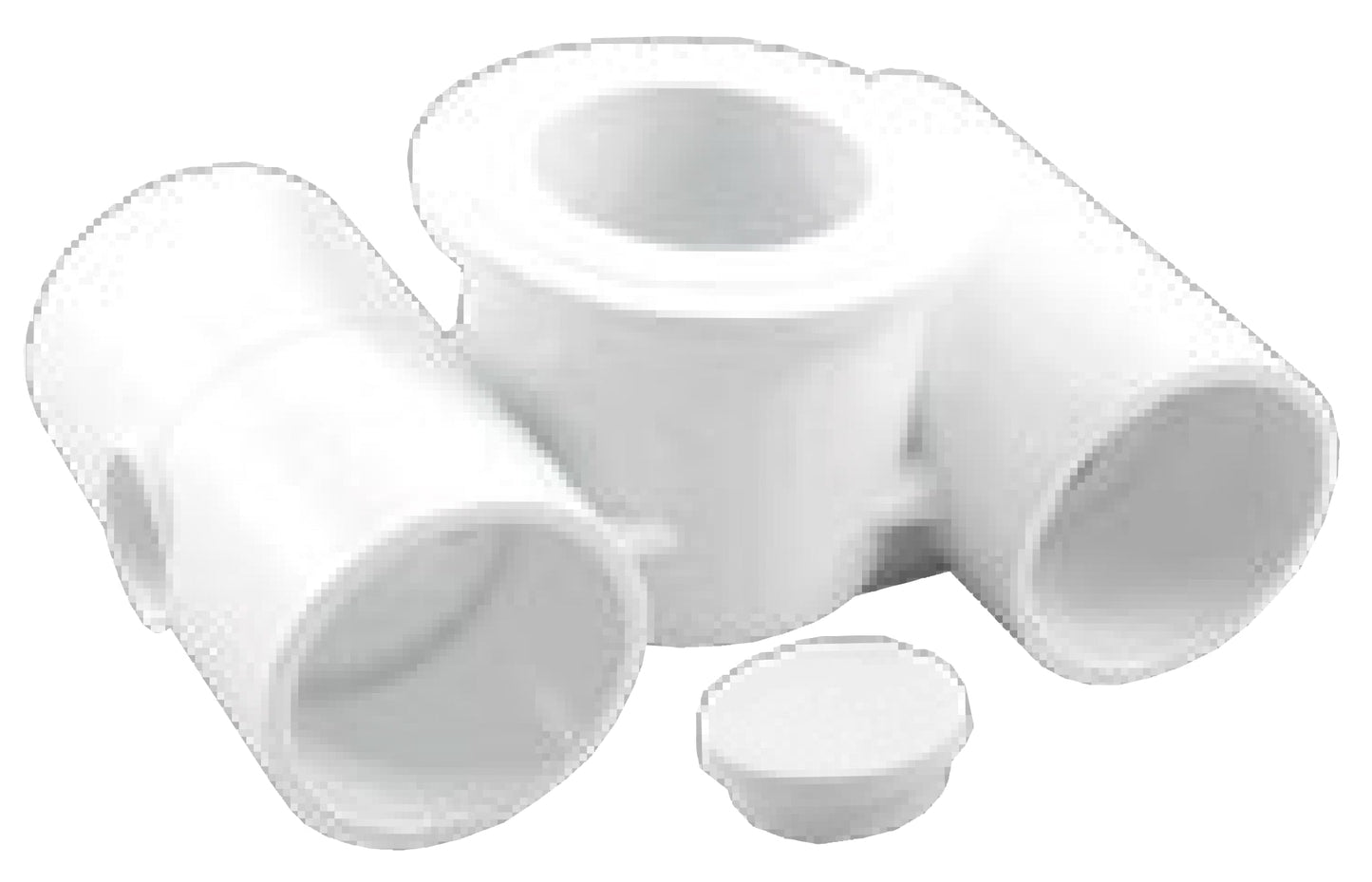 The CMP Gunite Jet Body with 4" Nozzle (1.5" x 1.5" x 1/2", 23301-000-000) is a white plastic fitting featuring three openings and a removable cap, ideal for hydrotherapy body or spa jets. Brand: CMP. Shown on a plain white background.