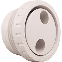 The CMP Gunite Spa Jet Pulsator (23315-030-000) is a white plastic cap with two circular holes and threaded sides, designed for compatibility with jet internals to optimize enhanced therapy performance.