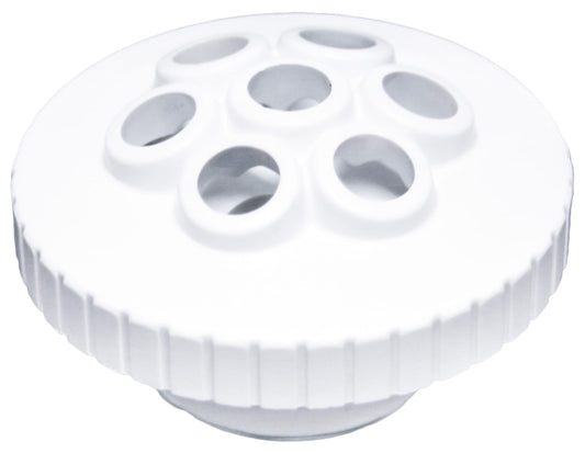 The CMP Spa Master 1-1/2" Massage Spa Jet Internal (23315-240-000) is a white plastic drain cover with circular holes designed for optimal therapy performance, perfect for use with Spa Master systems or Gunite Jet Internals, ensuring seamless integration into your relaxation area.