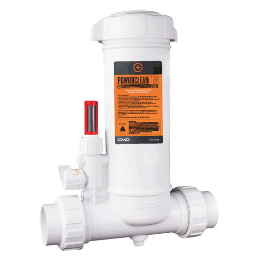 The CMP Power Clean Ultra In-Line Chlorinator, model 25280-150-000 by CMP, is a white chlorinator with a flow control valve and orange label for easy pool system integration, efficiently dispensing chlorine tablets.