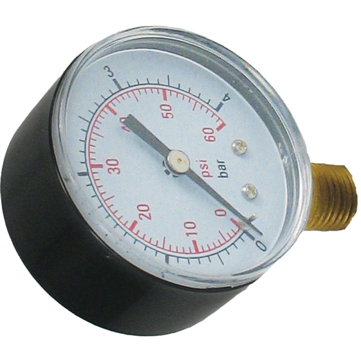 The CMP Pressure Gauge | 25501-000-800 features a black casing and brass connector, showing measurements in psi and bar on a white dial with red and black markings.
