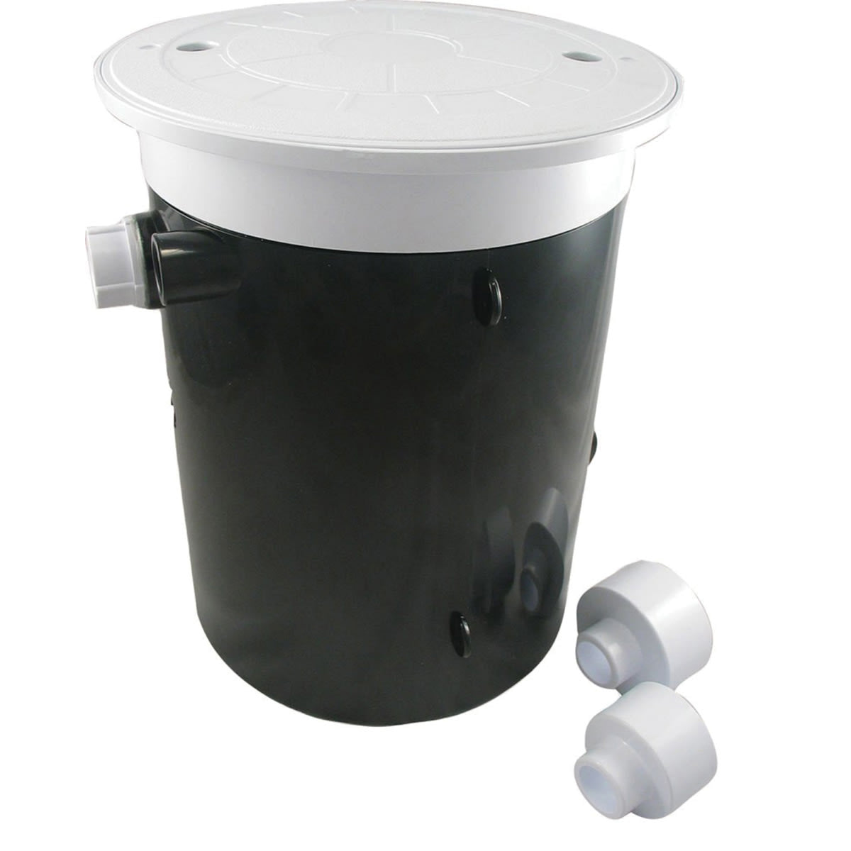 The CMP Aqualevel Pool Water Leveler (25504-100-000) features a white lid and collar, two side pipe connectors, and separate fittings—ideal for pool equipment or connection with an automatic water leveler.