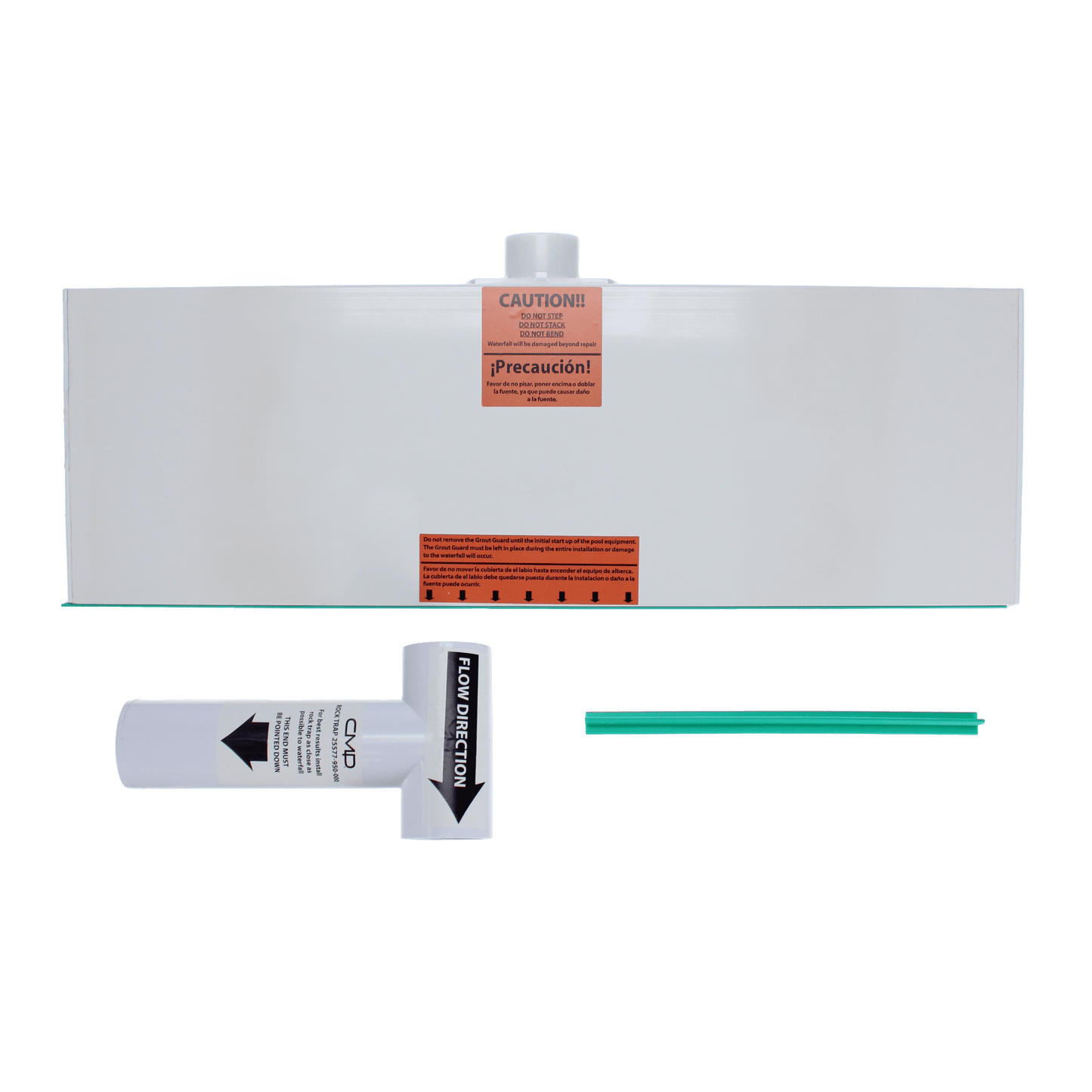 The CMP 24" Waterfall Back Port with a 6" Lip, White (25577-230-000) features a caution-labeled rectangular design. It has a cylindrical filter marked "FLOW DIRECTION" and includes a green straw-like element for efficient operation and smooth water flow.