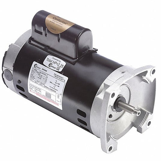 The Century Pool Pump Motor 1.5HP (B2849) by Century, in black and silver, is a cylindrical electric motor with a metal mounting plate and protruding shaft, great for replacing pool or spa motors. It operates on 1 phase, 60Hz, and 230V.