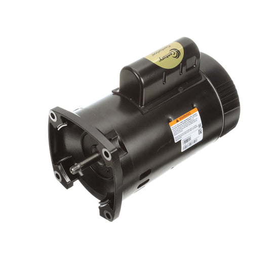 The Century Pool Pump Motor 1HP, black with a metal shaft, mounting holes, and orange labels, is shown against a white background.