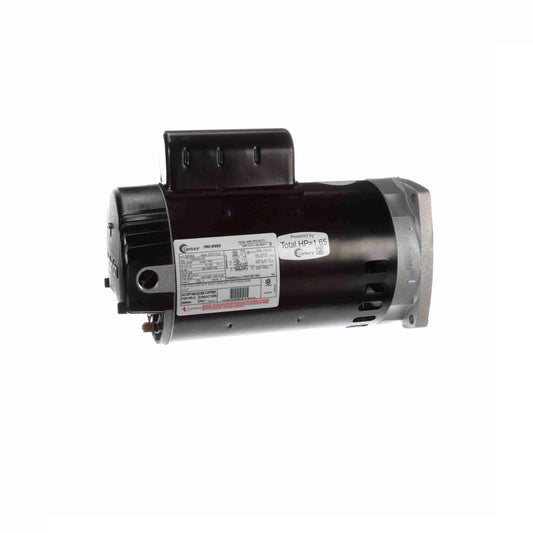 The Century Pool Pump Motor 1HP 2-Speed 230V (B2982) by Century features a black cylindrical body, metallic mounting base, and side labels—ideal for energy-efficient, reliable pool or spa pump performance.