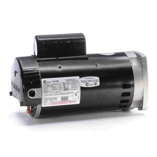 The Century Pool Pump Motor B2984, with a black and gray housing labeled "Total HP=2.60," displays brand specifications on a sticker. This energy-efficient pool and spa pump motor rests on a white surface.
