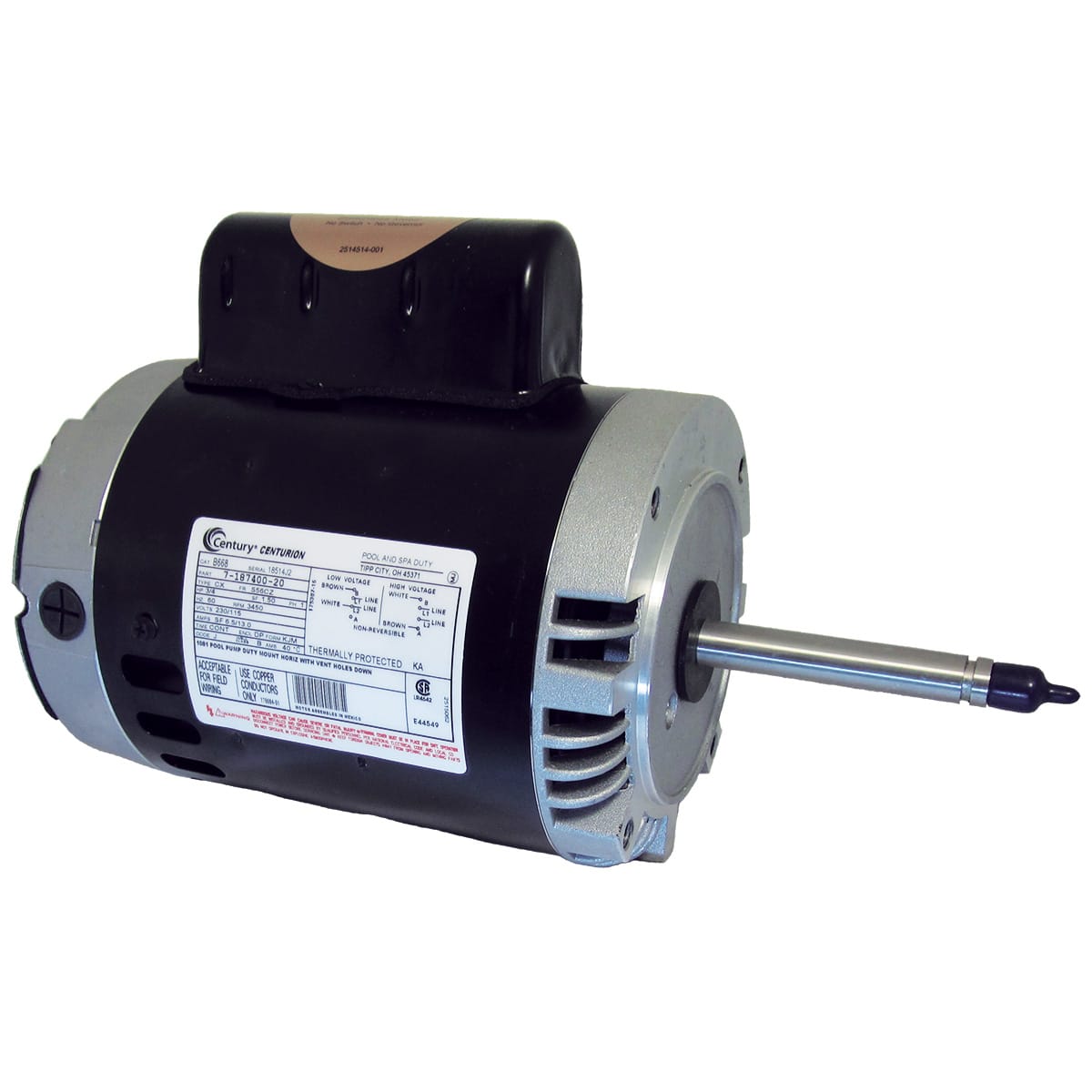 The Century Pool Pump Motor 3/4HP (B668) features a cylindrical metal body with a protruding shaft and labeled info panel, perfect as a replacement booster pump motor, similar to the reliable Pentair Letro.