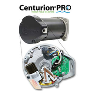 The Century Centurion Pro Pool Pump Motor, Square Flange, 1HP 115/230V 48Y (HSQ125), showcases its internal wiring and circuitry with an open view. With Triple Seal protection, it ensures enhanced durability and reliability for all your aquatic needs.