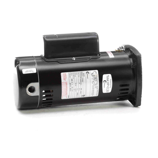 A black Century Pool Pump Motor, Square Flange, 2HP 48Y (USQ1202) by Century, featuring a handle and specification label, sits on a white surface, ideal as a replacement pool motor.