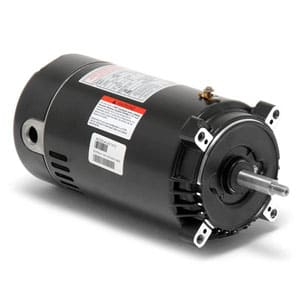 The Century Pool Pump Motor 3/4HP 1 Phase 60Hz 230/115V 56J (UST1072) features a black cylindrical body, metal mounting brackets, labeled exterior, and drive shaft—ideal as a replacement pool or spa motor.