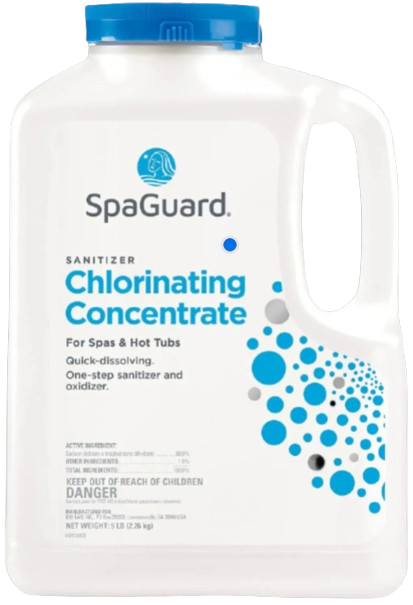 The SpaGuard Chlorinating Concentrate for spas, SKU 42616BIO, comes in a plastic container with a blue cap. It features quick-dissolving, pH-neutral granular chlorine for spa water protection and has a net weight of 5 lbs.