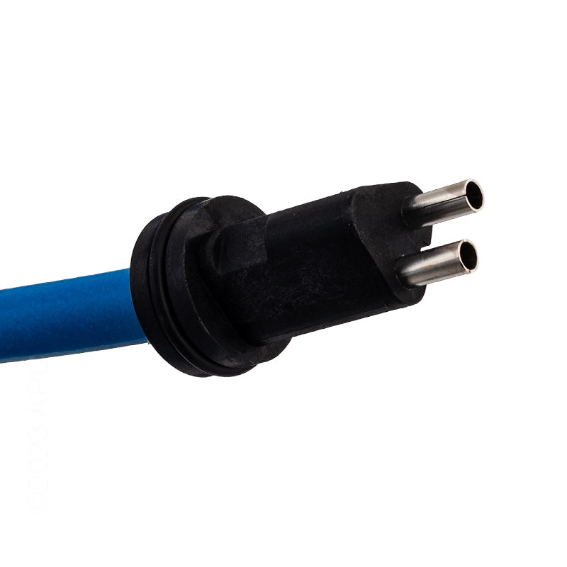 Close-up of a Maytronics Dolphin 2-Wire 50' blue cable with a black, two-pin male plug connector, shown against a white background.