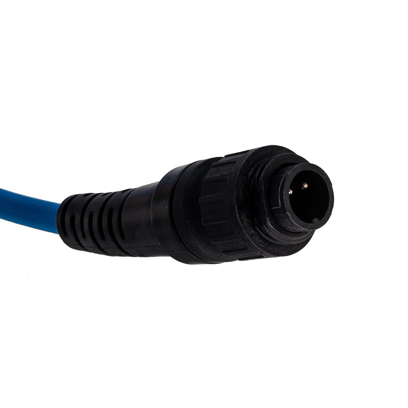 Close-up view of a black connector with a circular three-pin interface, attached to the blue Maytronics Dolphin 2-Wire 50' Cable.