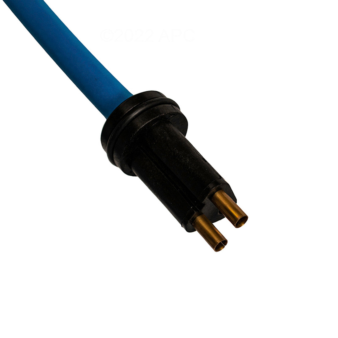Close-up of the Maytronics Dolphin Blue 2-Wire Cable, 12m/40' (99958902-DIYF), featuring a black connector with three brass prongs—ideal as a replacement cable for Dolphin robotic pool cleaner models.