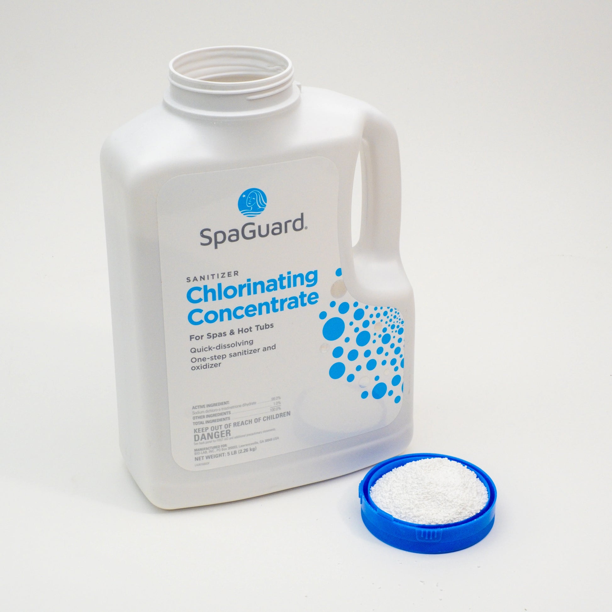 A white 5 LB container of SpaGuard Chlorinating Concentrate (42616BIO) sits next to an open blue cap, revealing pH-neutral granular chlorine ideal for spa water protection.