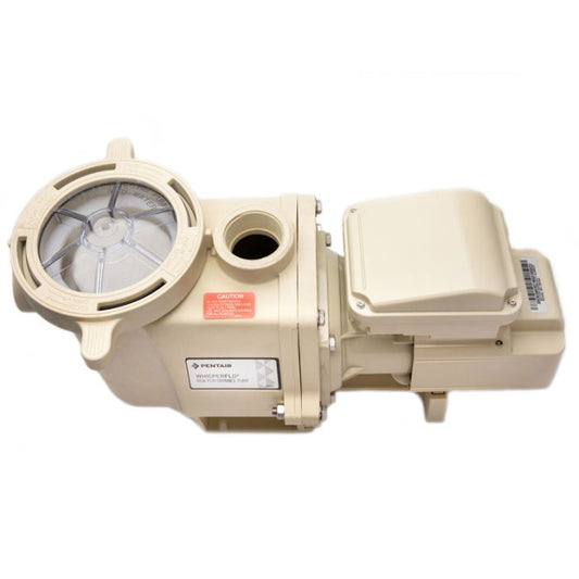 The Pentair WhisperFlo 1.1 HP Pump (EC-015583), a beige high-performance pump with a clear lid and multiple labels, is shown on a white background to ensure optimal water circulation.