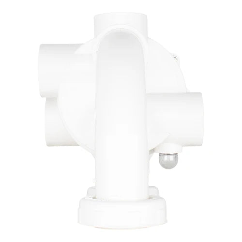 A white U-shaped plumbing fitting with four connection points, highlighted against a plain background, resembles components from the Pentair Sand Multiport Valve, 2" Side Mount | 261055, used for efficient pool filtration systems in Triton and Quad D.E. Filters.
