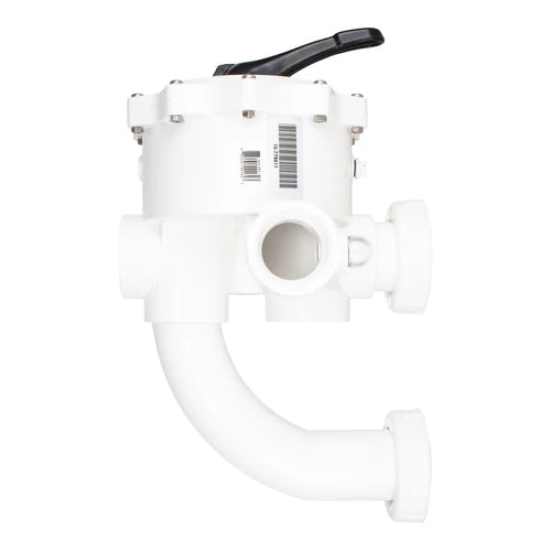 The Pentair Sand Multiport Valve, 2" Side Mount | 261055, by Pentair, is a white plastic valve with multiple connections and a black handle for directing flow. Ideal for pool filtration and maintenance, it ensures efficient water circulation.
