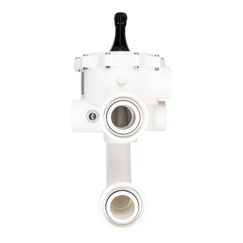 The Pentair Sand Multiport Valve 2" Side Mount | 261055 is vital for pool maintenance, featuring a white multi-port design with a handle and multiple pipe connections to ensure efficient filtration via its central control.
