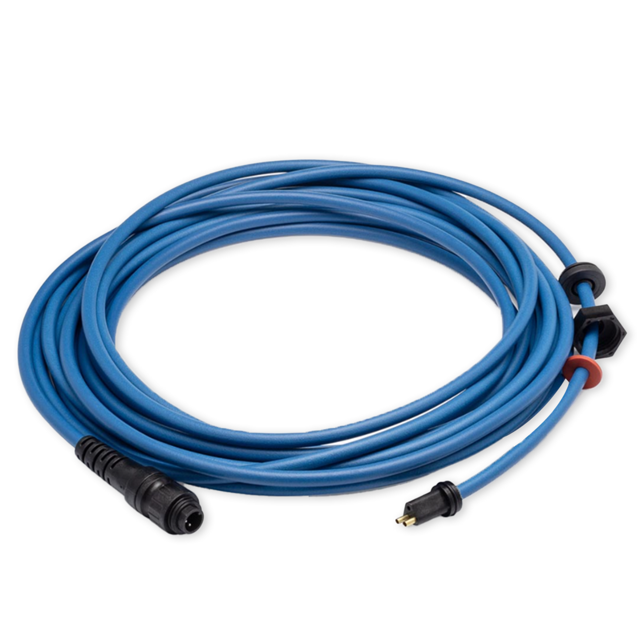 The Maytronics Dolphin Blue 2-Wire Cable, 12m/40', features a coiled blue design with black fittings and is ideal for connecting compatible devices.