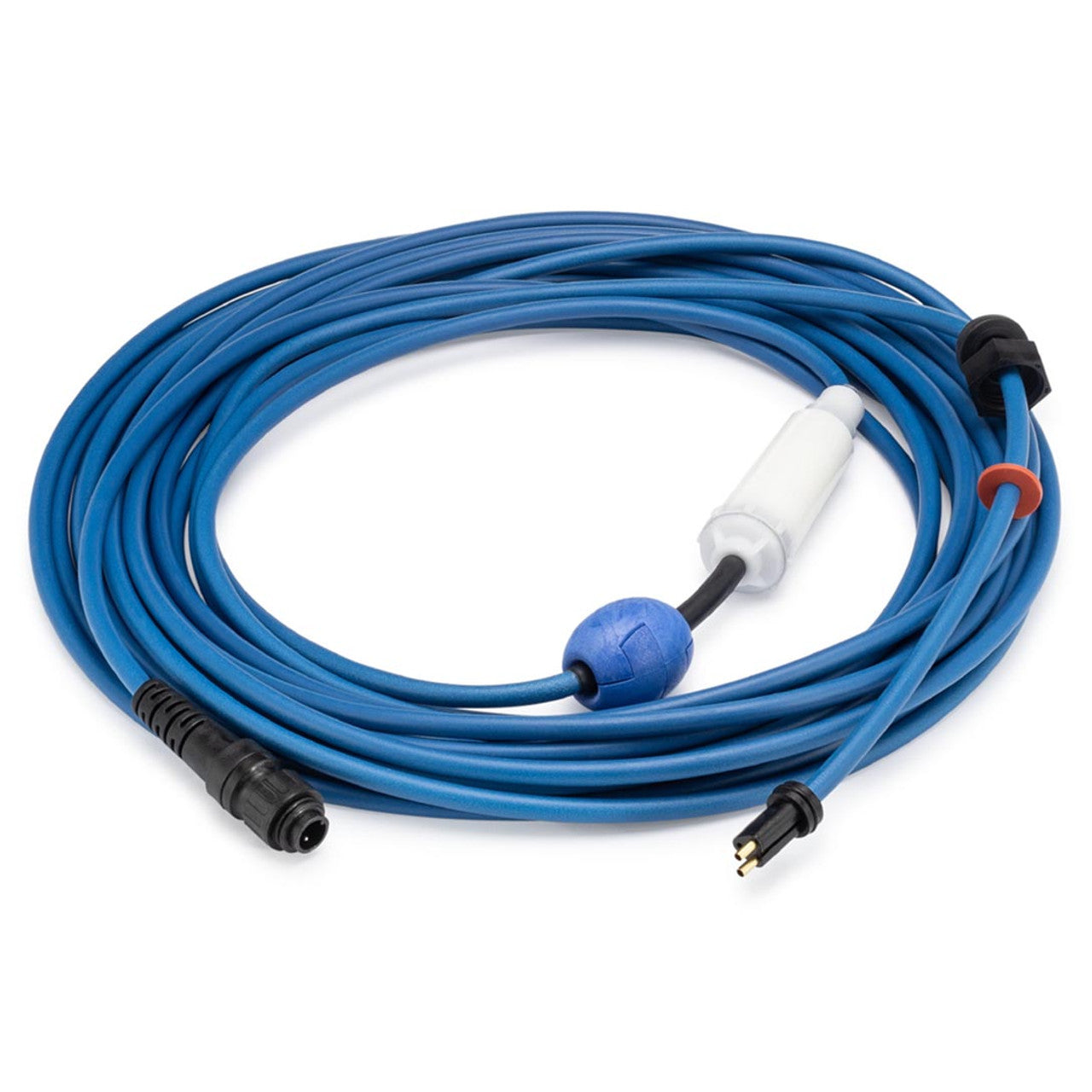 The Maytronics Dolphin 2-Wire 60' Cable w/ Swivel (99958907-DIY) is a coiled blue cable featuring a black connector, white cylindrical component, blue spherical element, and black plug. Brand: Maytronics.