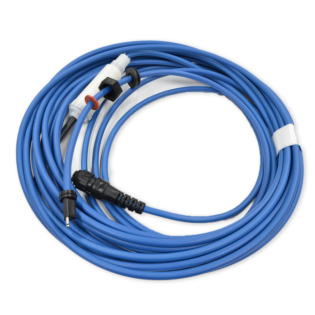 A coiled blue Maytronics Dolphin 2-Wire 60' Cable w/ Swivel (99958907-DIY) features black and white connectors on both ends, secured with white cable ties.