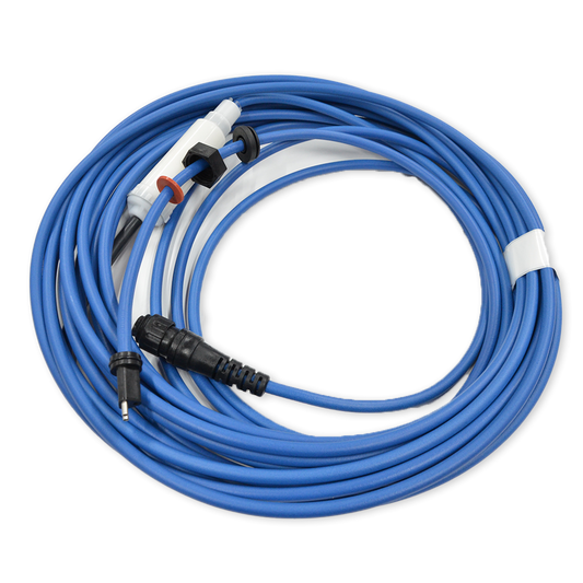 A coiled blue Maytronics Dolphin 2-Wire 60' Cable w/ Swivel (99958907-DIY) features black and white connectors on both ends, secured with white cable ties.