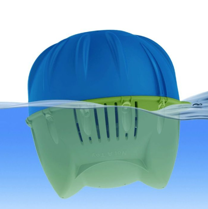 A blue and green toy boat flips upside down on water, partially submerged, reminiscent of the King Tech Frog Flippin Frog Mineral Sanitizer's dual-action system for pool care.