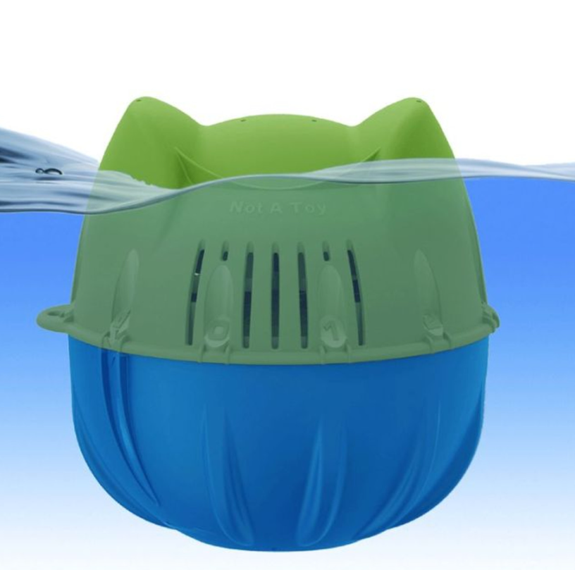 A King Tech Frog Flippin Frog Mineral Sanitizer in green and blue, featuring a dual-action system, is partially submerged in water against a gradient background.