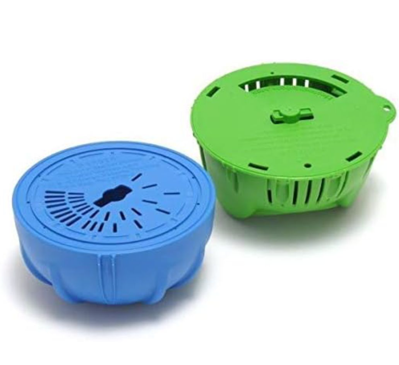 Introducing the King Tech Frog Flippin Frog Mineral Sanitizer (01-12-8406) by Frog: a dual-action system with two round, plastic pest traps in blue and green, featuring slotted lids and small ventilation holes for optimal pool care and pest management.