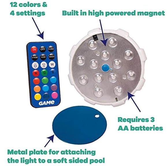 The GAME Magnetic Pool Wall Light w/ Remote Control (4307) offers 12 colors, 4 waterproof light settings, and labeled features. It attaches via a built-in magnet and metal plate. Requires 3 AA batteries; great for above-ground pools by GAME.