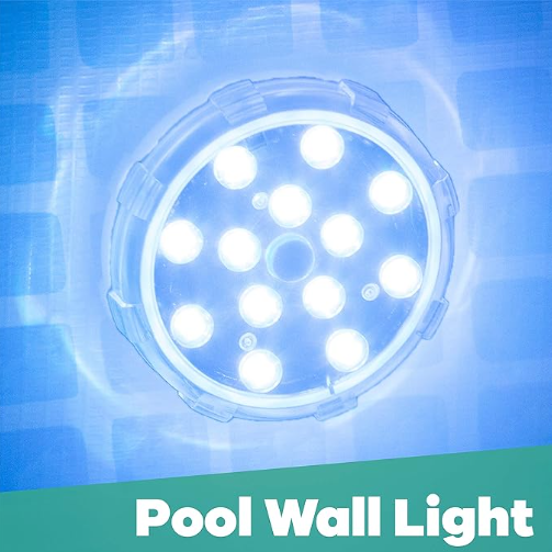 The GAME Magnetic Pool Wall Light w/ Remote Control is lit up and attached to a tiled pool wall. "Pool Wall Light" is displayed at the bottom.