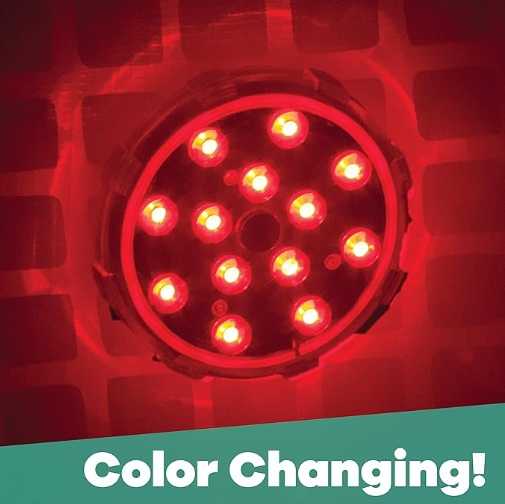 The GAME Magnetic Pool Wall Light w/ Remote Control (4307) glows with vibrant, color-changing red LEDs, shown against a red backdrop. "Color Changing!" highlights its striking effect as an above-ground pool wall light from GAME.
