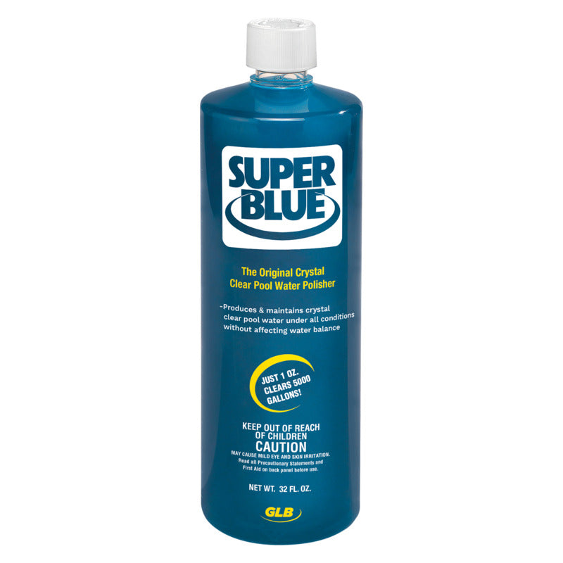 A 1 qt blue bottle of GLB Super Blue Concentrated Water Clarifier (71205) with white text and usage instructions on the label; clears cloudy pool water and boosts filtration efficiency.