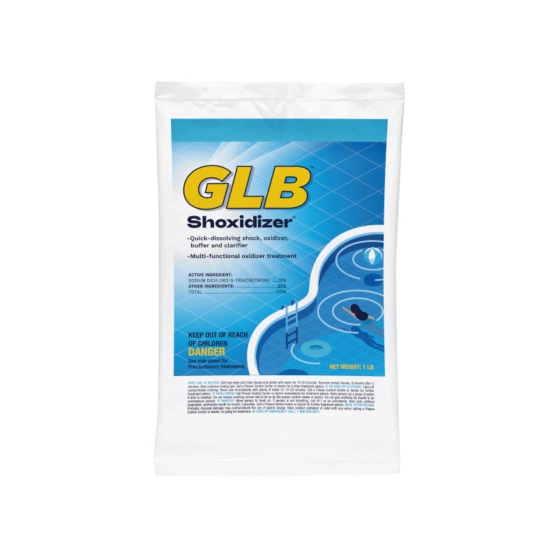 The GLB Shoxidizer Oxone & Dichlor Shock, 1 lb Bag (71675A) is a multi-functional pool shock and clarifier by GLB, featuring blue and white packaging, designed to eliminate organic contaminants for sparkling clean water.