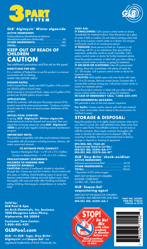 The blue label for GLB Pool Closing Kit, Up to 12K Gallons (71502), features white and yellow text with ingredients, usage directions, cautions, first aid, storage, and disposal info—ideal winter pool chemical from GLB.