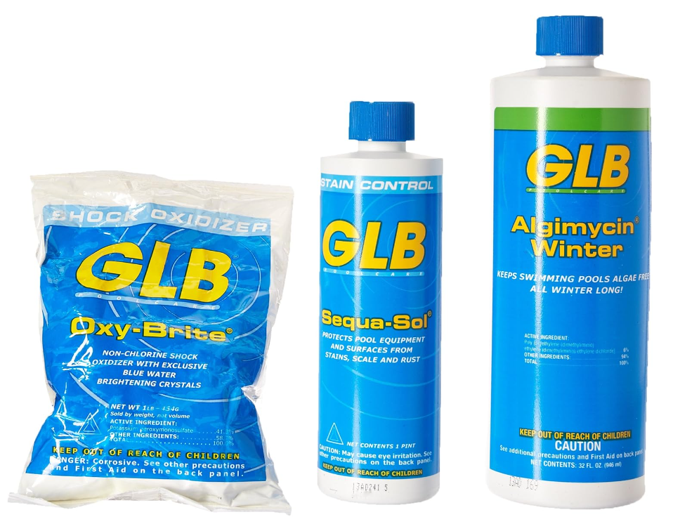 The GLB Pool Closing Kit (71502) simplifies winter care for pools up to 12K gallons, with blue and yellow packaging that stands out in your pool closing kit.